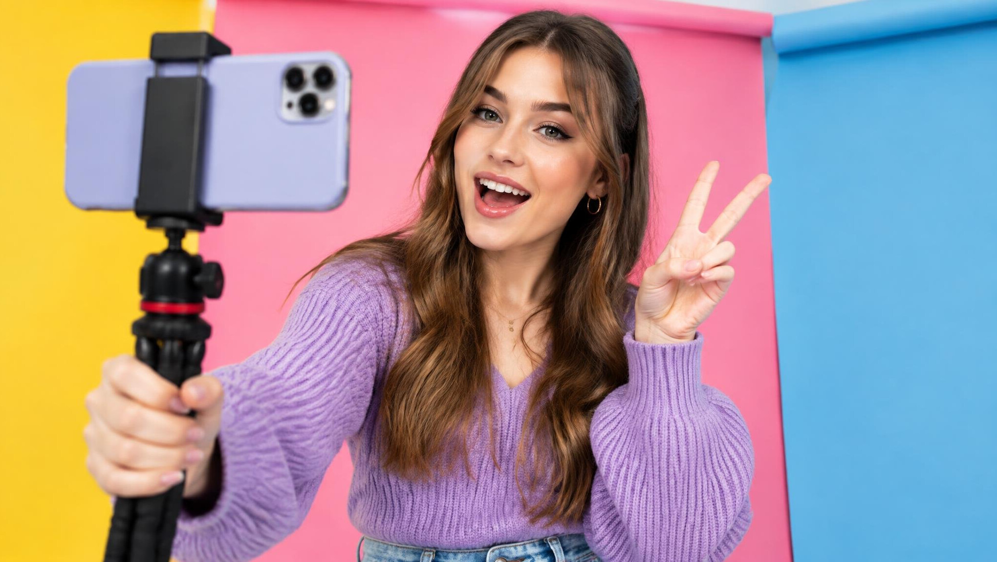 Young woman filming vertical video in front of a colorful backdrop