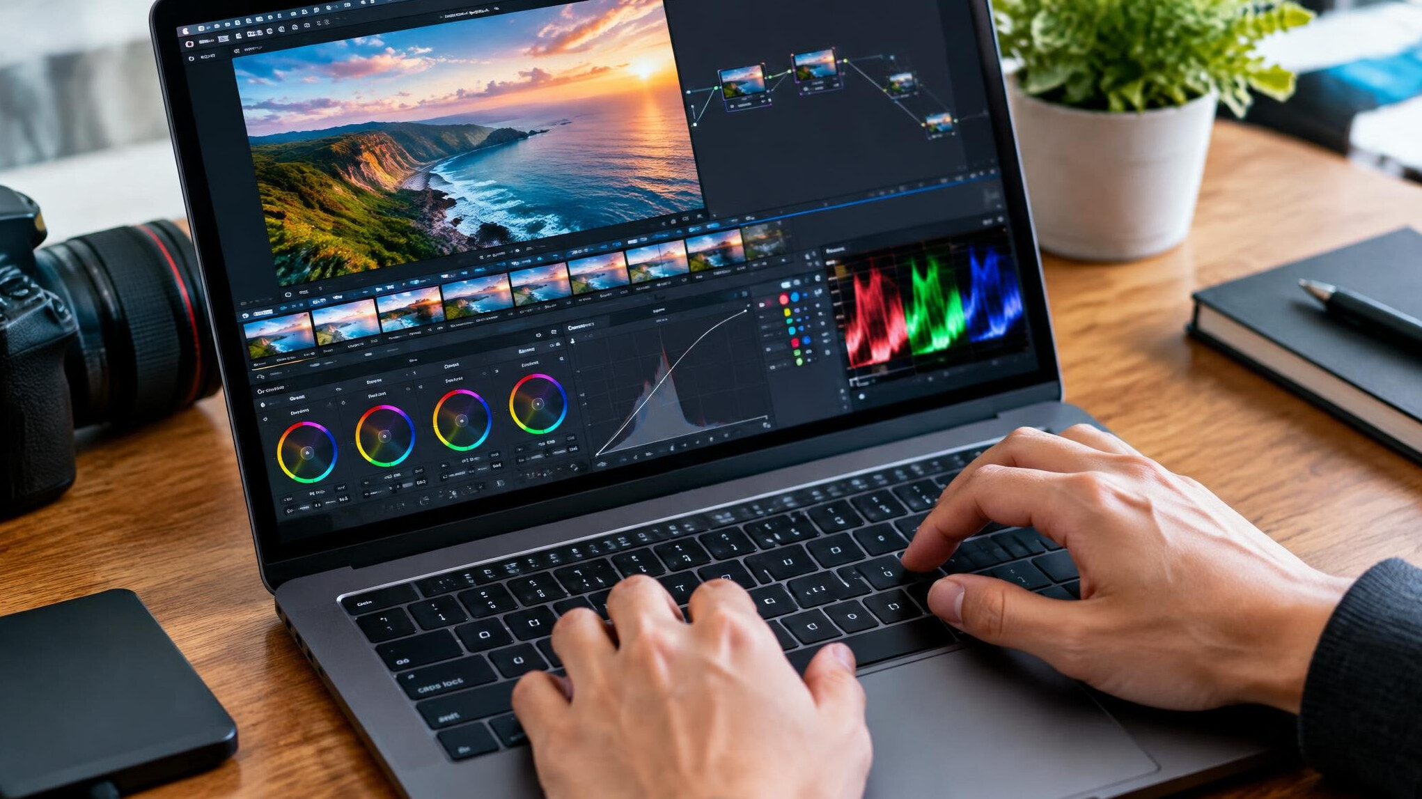 Close-up of hands color grading a video on a laptop with a colorful interface